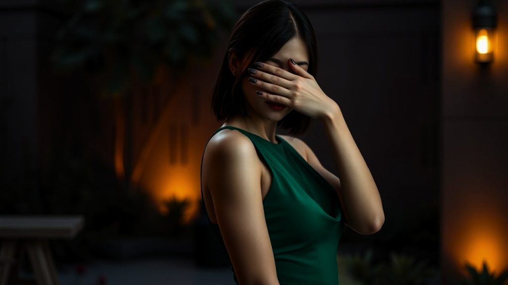 A woman covering her face with her palm